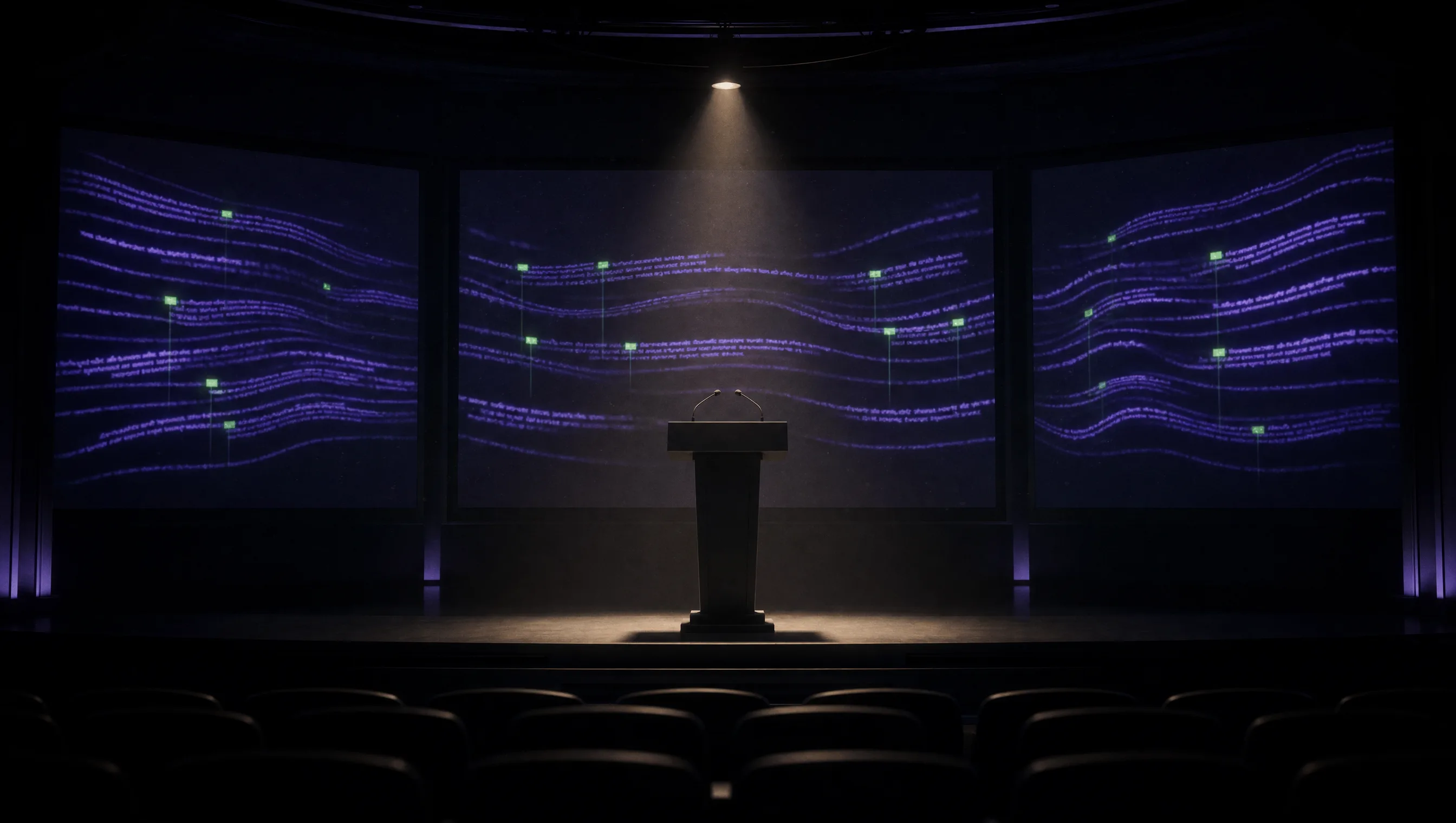 Palco de imprensa vazio com telas de dado ao fundo, sem texto legível