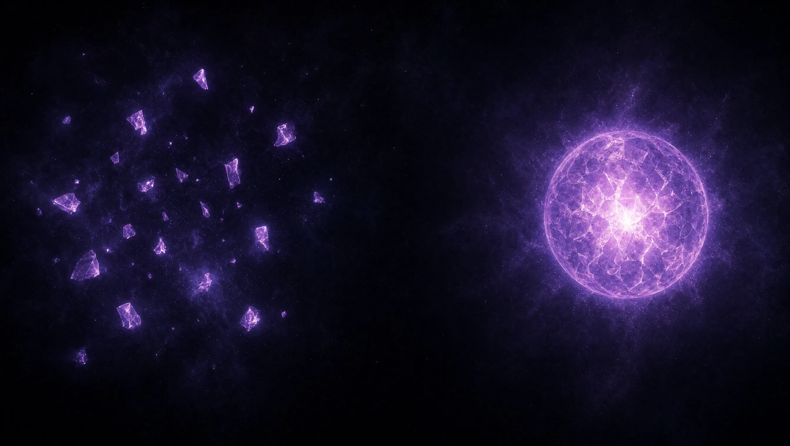Fragmentos de luz dispersos ao lado de uma esfera única e coesa