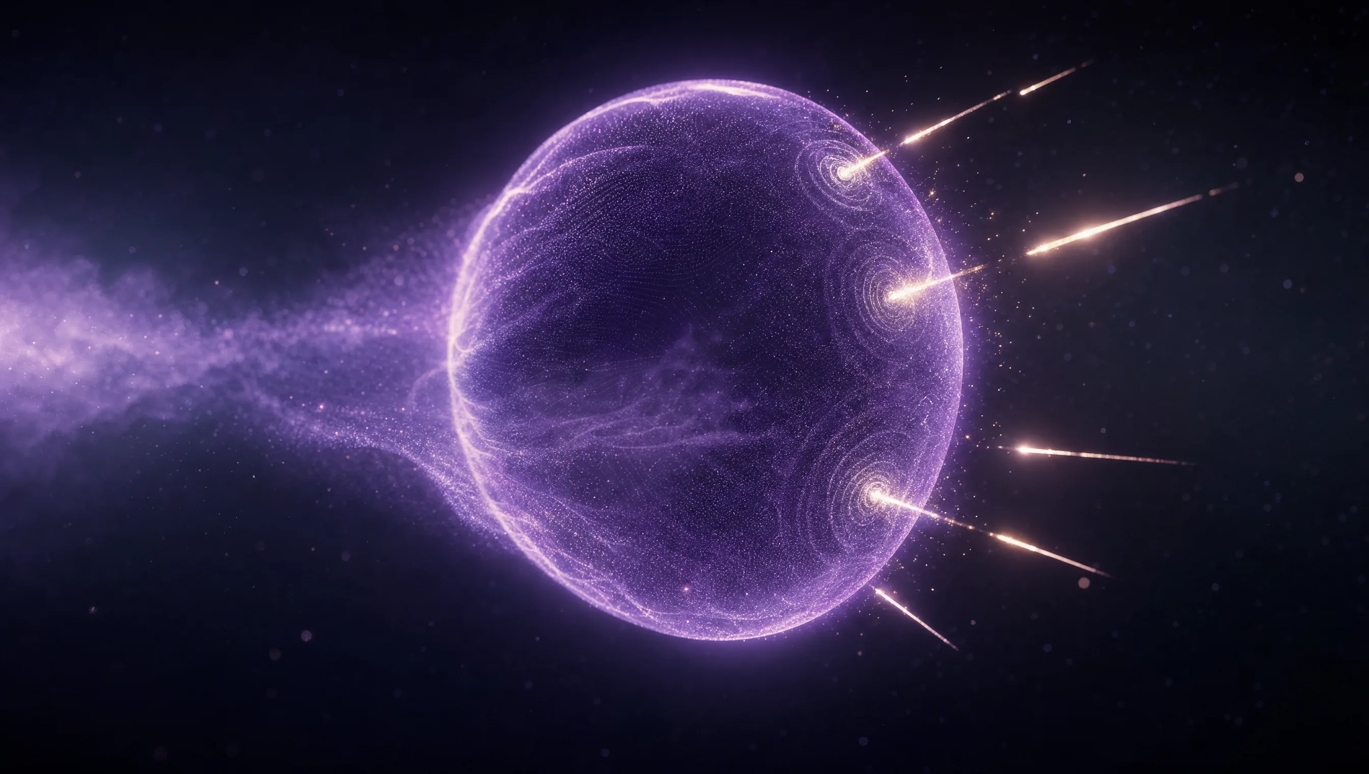 Cofre-escudo hexagonal brilhando em violeta numa sala escura