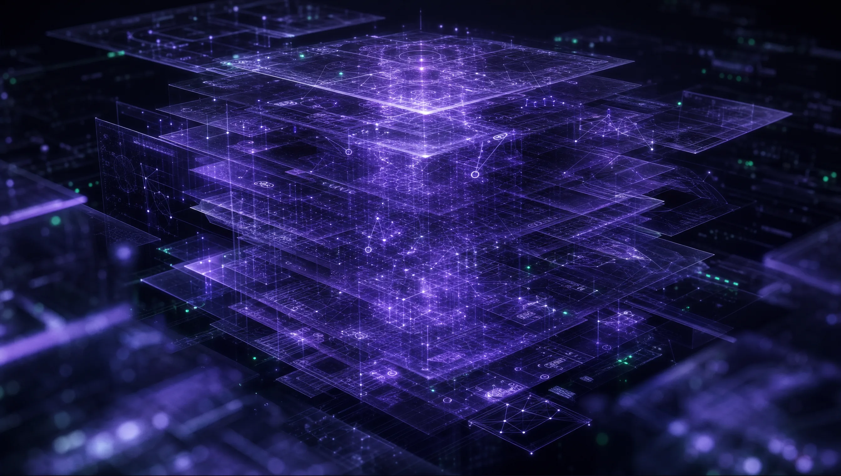 Camadas de blueprints translúcidos empilhados formando uma estrutura sólida de luz violeta