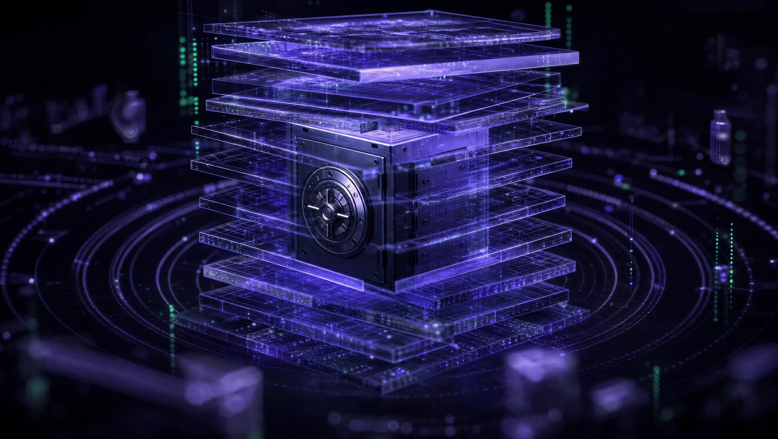 Cofre físico com blocos de dado criptografado em camadas, luz azul-violeta