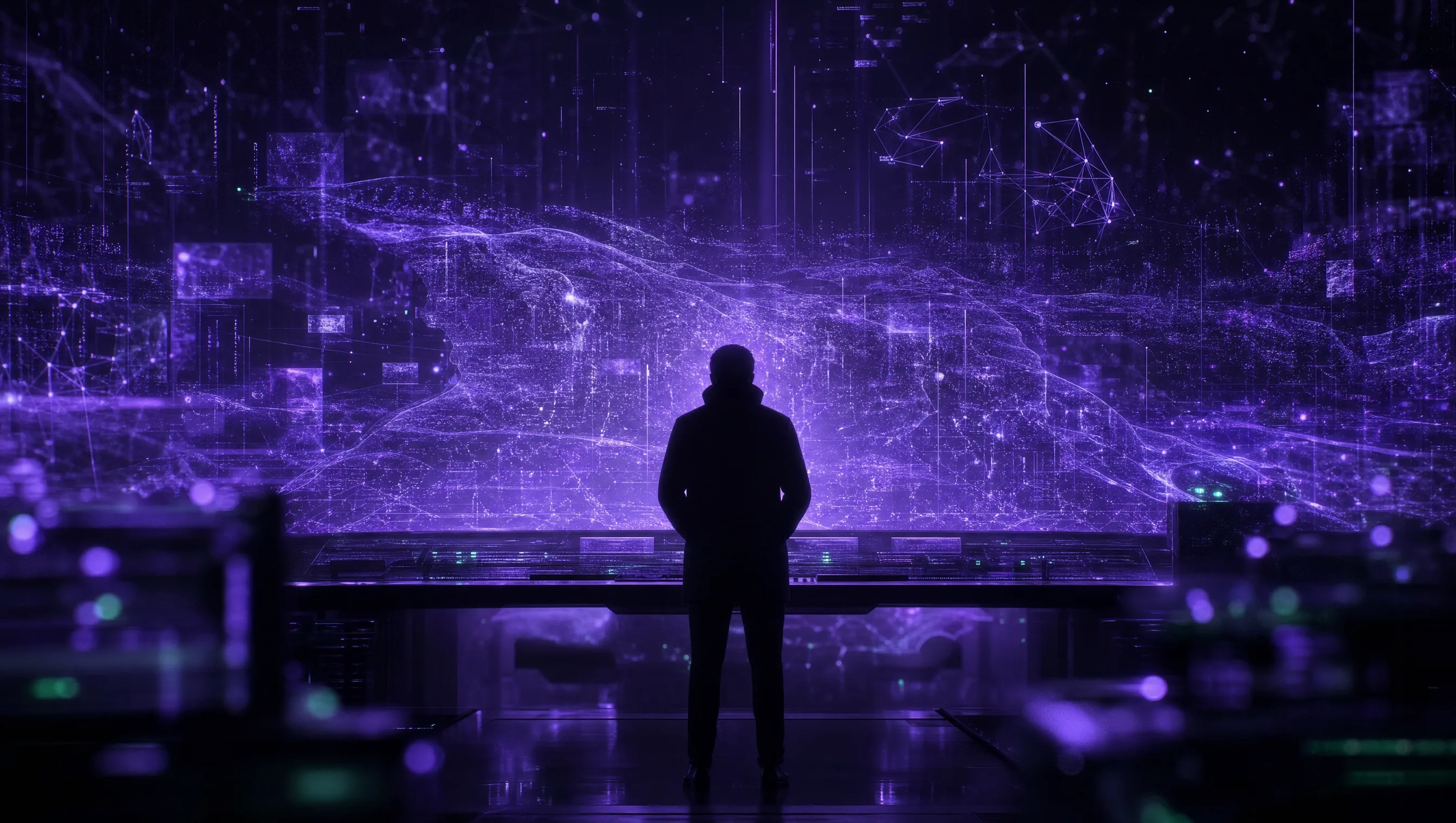 Silhueta de pessoa diante de uma parede de luz violeta em forma do mapa do Brasil