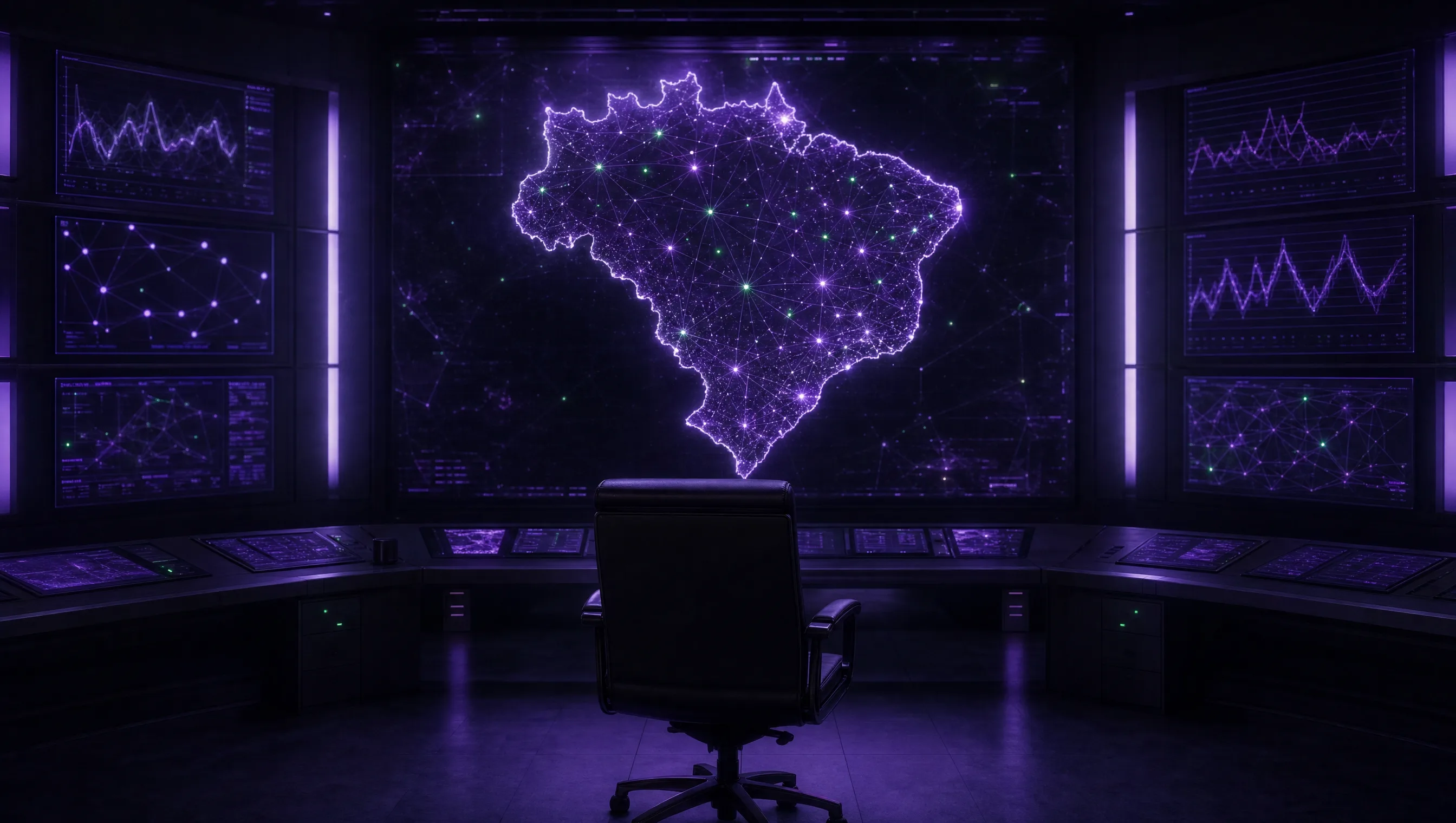Sala de guerra digital vazia à noite, telas com mapa do Brasil iluminado em violeta