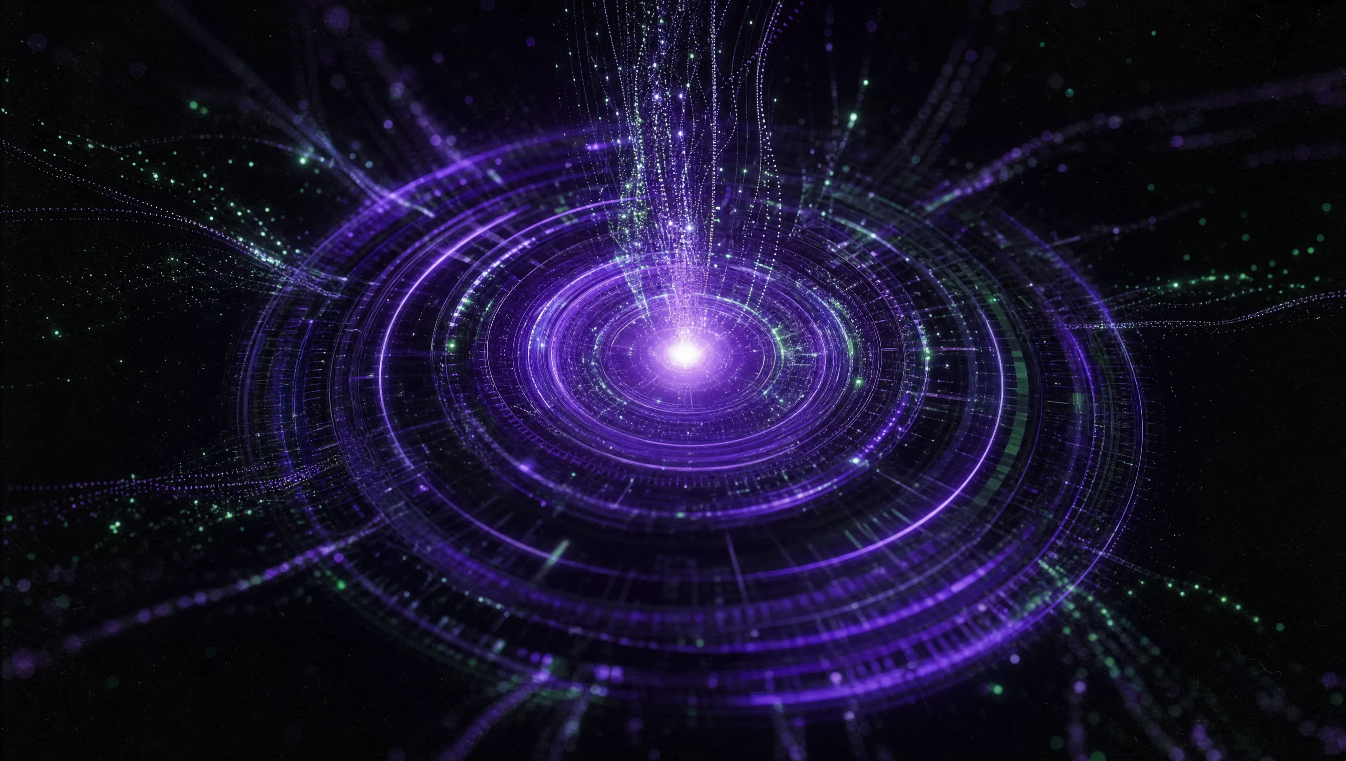 Visualização abstrata de anéis de luz violeta e partículas de dado fluindo